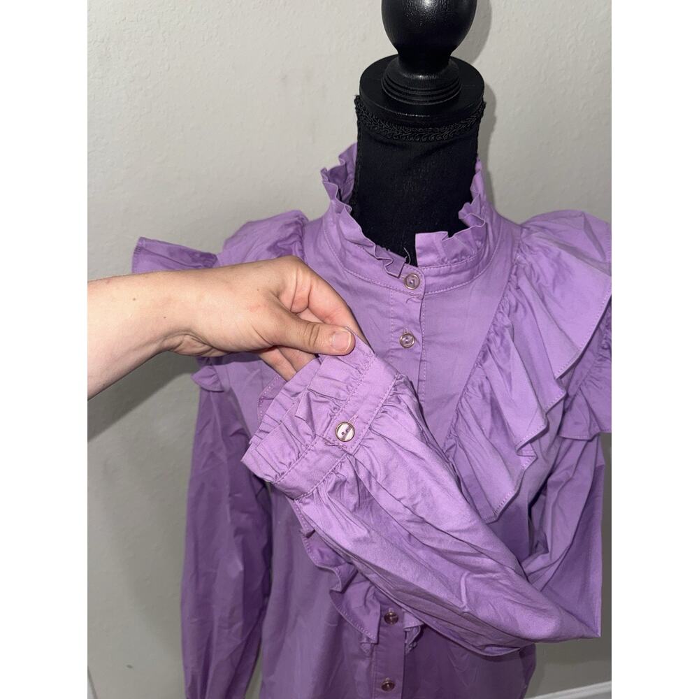 Karlie Solid Poplin Ruffle Button Purple Long Sleeve Blouse Large Cottagecore - Picture 4 of 7